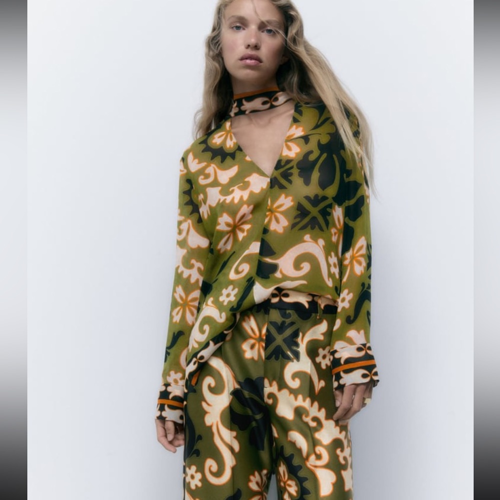Zara printed beaded tie viscose blouse
